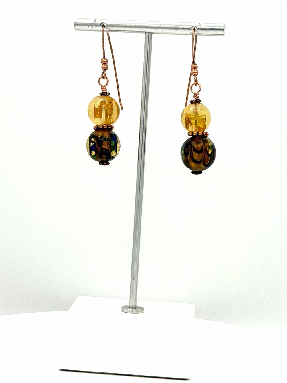 Lamp Work Glass Pierced Earrings Golden Yellow & Green Copper Womans Jewelry - Picture 3 of 4
